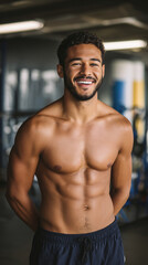 Fit young man smiling in gym after workout, showcasing strong physique and positive energy

