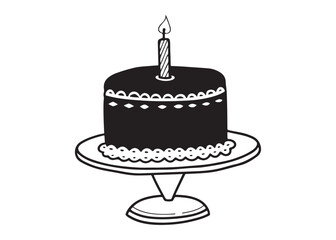 Black and White Doodle Birthday Cake on Stand: Festive, Simple, Celebratory Design.