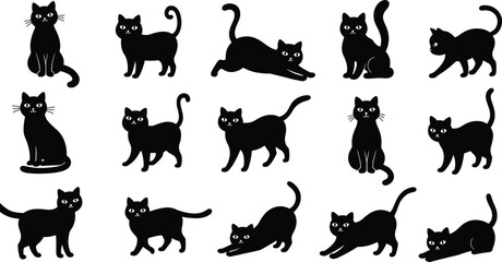 Black cat silhouette set with cute cartoon style, various poses, pet vector illustration for Halloween, decoration, sticker, and design projects