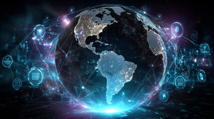 Obraz premium Hands holding globe with network connecting data of insurance policies and global coverage, customer claims, risk management, premium calculations, fraud detection, and underwriting processes.