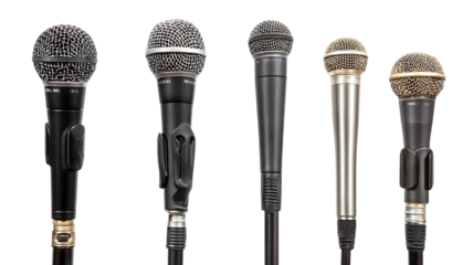 Set of adjustable microphone stands — studio-quality boom and tripod mounts isolated on transparent background, high-resolution cutout for podcasting, music recording, live streaming