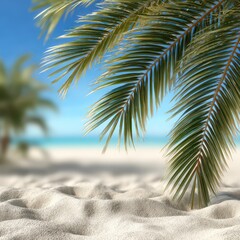 Tropical beach scene, palm leaves, sand