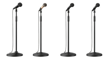 Set of adjustable microphone stands — studio-quality boom and tripod mounts isolated on transparent background, high-resolution cutout for podcasting, music recording, live streaming