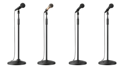 Set of adjustable microphone stands — studio-quality boom and tripod mounts isolated on transparent background, high-resolution cutout for podcasting, music recording, live streaming