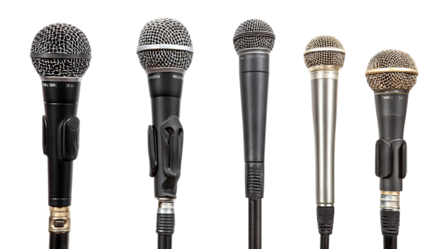 Set of adjustable microphone stands — studio-quality boom and tripod mounts isolated on transparent background, high-resolution cutout for podcasting, music recording, live streaming