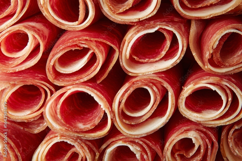 Poster close-up of rolled prosciutto slices displaying texture and pattern