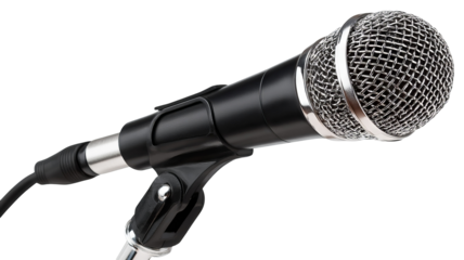 Studio microphone on chrome stand, positioned for music recording or live presentations — high-resolution transparent-background PNG cutout with clean clipping path, perfect for podcasting
