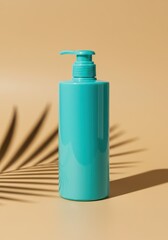 Teal Blue Lotion Bottle with Tropical Leaf Shadow on Flat Beige
