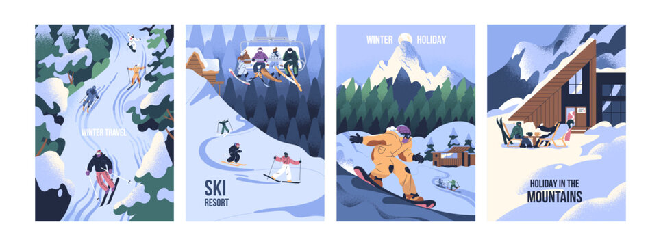 Set of poster designs about snowboarding. Templates with people skiing at winter resort. Athletes ride boards on snow mountains on holiday. Snowy vacations on slope in travel. Flat vector illustration