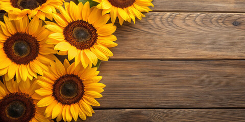 Obraz premium Sunflower Flowers on Wooden Background – Nature, Yellow, Bloom, Petals, Summer, Floral, Bright, Garden, Beauty, Plant, Fresh, Sunshine, Happiness, Decoration, Natural, Macro, Agriculture, Colorful