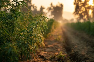 Lush green cannabis field at sunset with warm golden light
