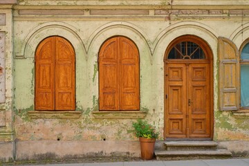 Facade of an old building with closed wooden shutters and a vintage wooden door, weathered green plaster, and a pot of colorful flowers.