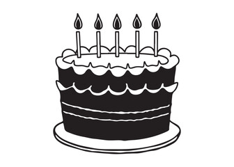 Hand-drawn Black and White Birthday Cake with Four Candles: Festive, Simple, Celebration Illustration.