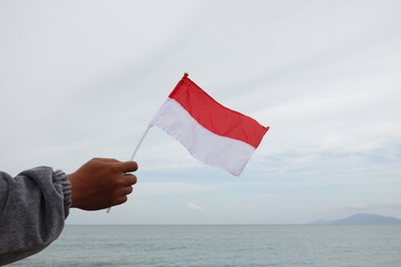 Hand holding a red and white flag against a cloudy seaside background.