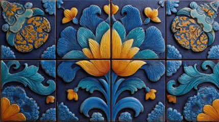 Blue and gold floral tile design, intricate detailing