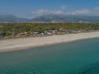 Aerial view of detail of campsite on Corsican coast near Bastia Etang de Biguglia Camping San...
