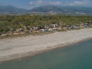 Aerial view of detail of campsite on Corsican coast near Bastia Etang de Biguglia Camping San...