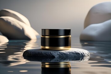 Black and gold skincare balm jar, on a stone.