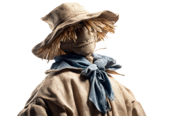 A scarecrow with a straw hat and blue bandana