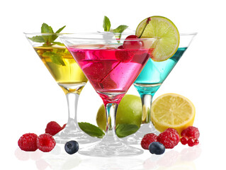 Vibrant Colorful Refreshing Cocktails in Martini Glass on Transparent Background