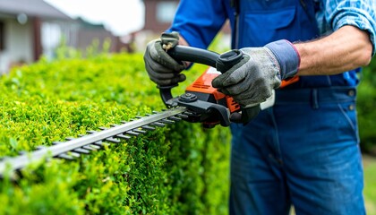 Gardener trimming hedges with electric trimmer in a well-maintained backyard garden, with a blurred house background and vibrant green foliage
