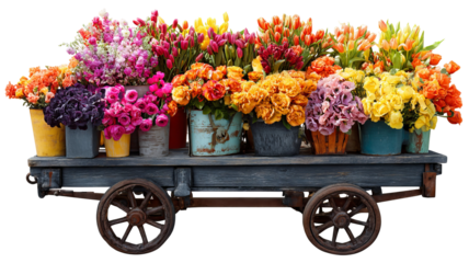 Vibrant mobile flower cart with freshly arranged bouquets, high-resolution transparent background PNG cutout — perfect for outdoor market displays, event décor, wedding arrangements, and seasonal
