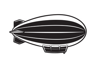 Black and white illustration of a vintage airship, zeppelin, dirigible; top view, graphic design element.