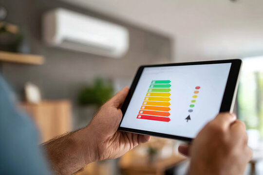 Person using a tablet to monitor energy efficiency in a modern living room setting - Powered by Adobe