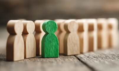 Single green wooden figure amidst a line of beige figures
