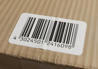 Close-up of a barcode label affixed to a corrugated cardboard surface, showing numerical data.