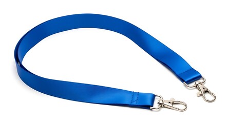 Fototapeta premium Blue fabric lanyard strap with metal clips isolated on white background