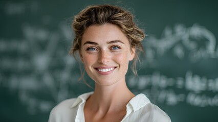 Smiling young Caucasian woman teacher with wavy brown hair stands in front of a chalkboard filled with mathematical equations. She represents a positive learning environment.