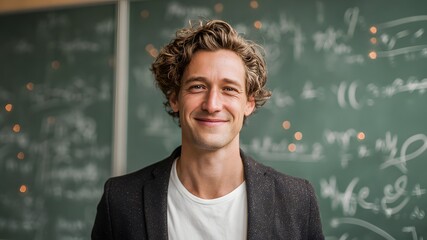 Young Caucasian man teacher with curly hair smiles in front of a chalkboard filled with mathematical equations. He wears a blazer over a white shirt, embodying a teacher's role in education.