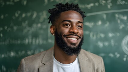 Smiling young African man teacher with a beard in a blazer stands in front of a chalkboard filled with mathematical equations. Ideal for education and back-to-school themes.