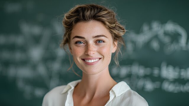 Smiling young Caucasian woman teacher with wavy brown hair stands in front of a chalkboard filled with mathematical equations. She represents a positive learning environment.