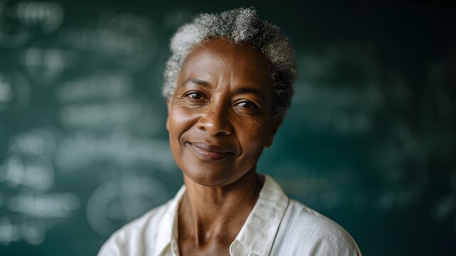 Senior African woman teacher with gray hair smiles in a classroom setting. Chalkboard filled with equations in the background. Focus on education and teaching. - Powered by Adobe