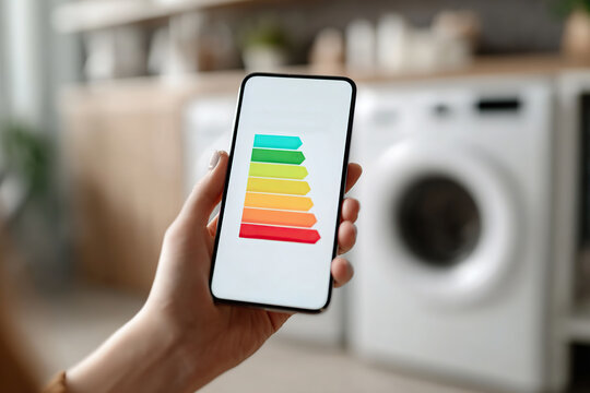 Person holding smartphone displaying energy efficiency chart in laundry room