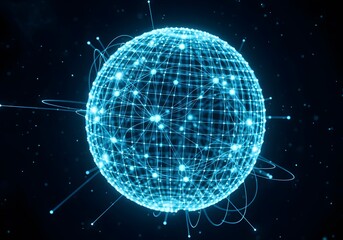 A glowing blue sphere composed of interconnected nodes and lines, representing a global network or data visualization in a dark space.