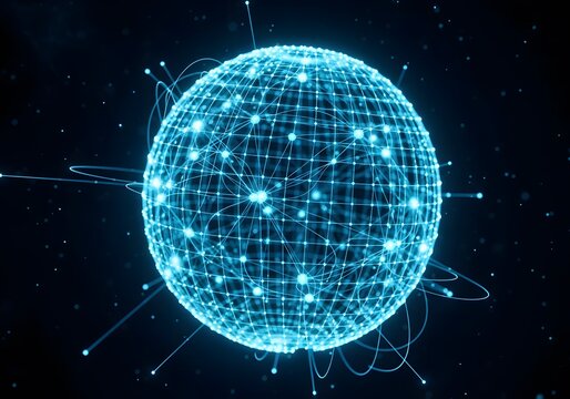 A glowing blue sphere composed of interconnected nodes and lines, representing a global network or data visualization in a dark space.