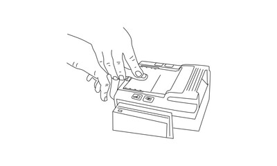 Hand Operating a Printer or Scanner – Minimalist Line Drawing of Office Technology