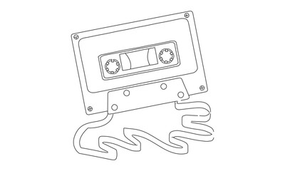 Retro Cassette Tape Line Art with Unraveled Magnetic Tape – Vintage Music Illustration