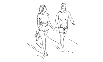 Minimalist Line Art of a Couple Walking Hand in Hand – Romantic Stroll Illustration