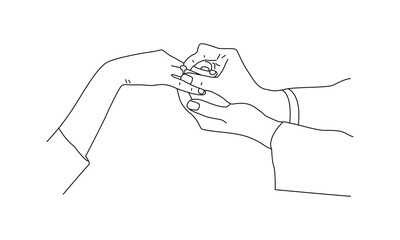 Minimalist Line Art of a Ring Being Placed on a Finger – Engagement and Wedding Symbol Illustration
