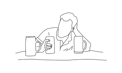 Minimalist Line Art of a Person Holding Beer Mugs – Celebration and Beverage Illustration