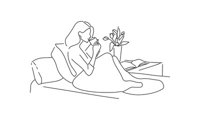 Minimalist Line Drawing of a Woman Reading a Book in Bed in Black and White