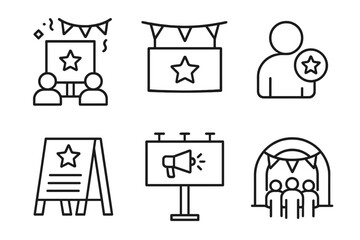 Icon set depicting events and promotions with star symbols and megaphone