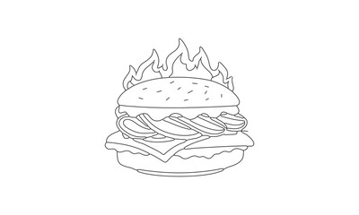 Minimalist Line Drawing of a Flaming Burger with Layered Ingredients in Black and White