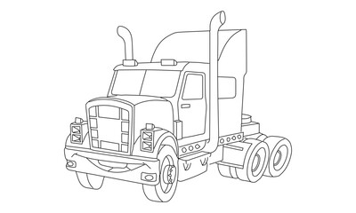 Minimalist Line Drawing of a Semi-Truck in Black and White Outline Style