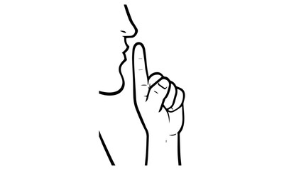 Minimalist Line Drawing of a Silence Gesture with Finger on Lips in Black and White