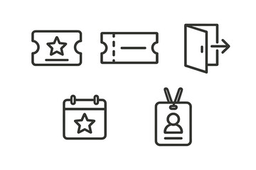 Outline icons of tickets, calendar, door, and id card for event and venue management